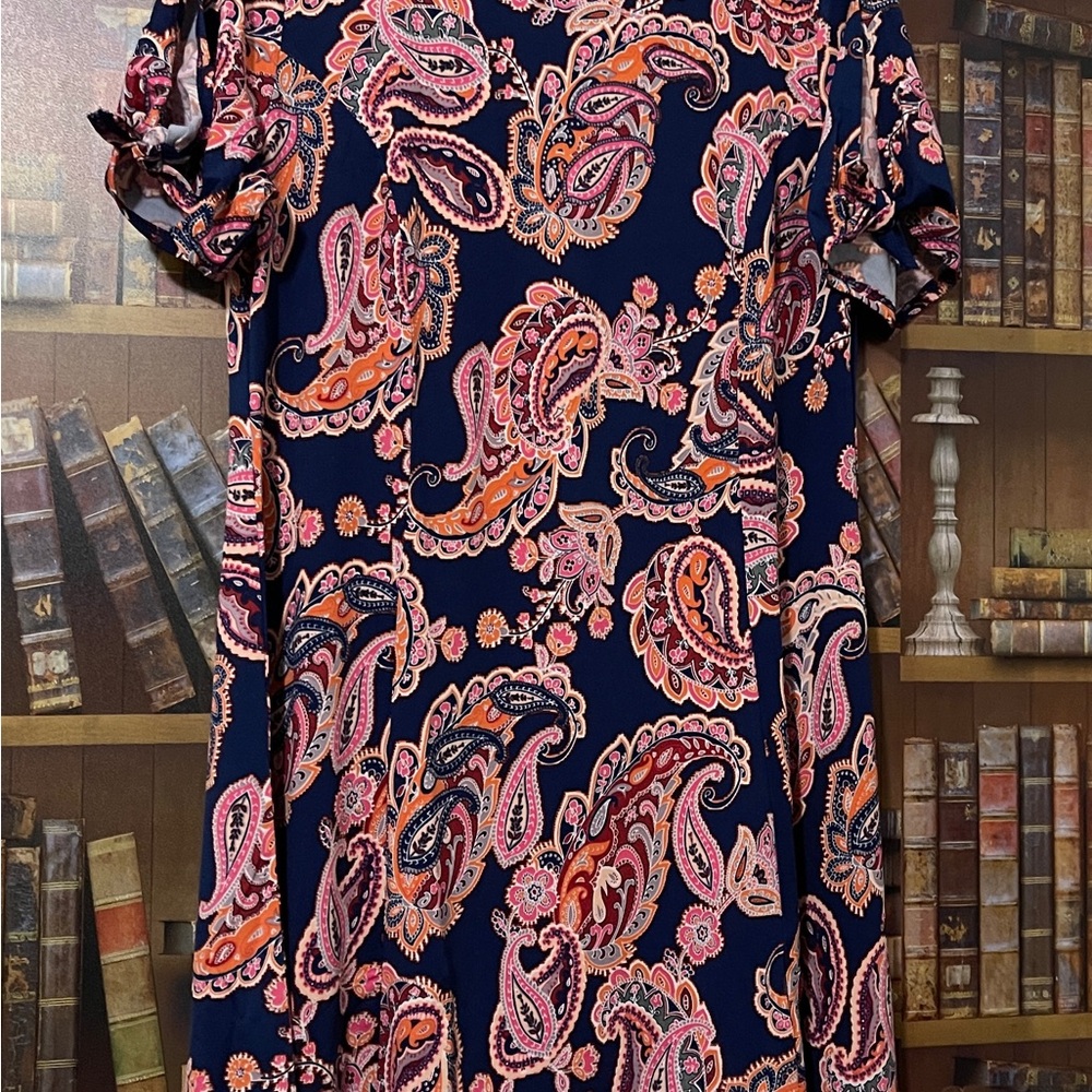 Relativity Blue and Orange A-line Puff Sleeve Dress - Picture 3 of 5